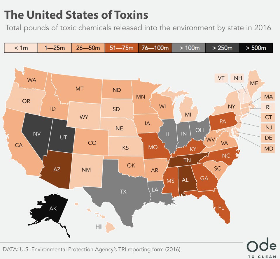 Map of toxic chemicals released into the environment by U.S. state